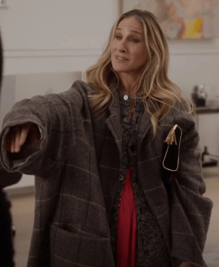 Carrie Bradshaw And Just Like That S02 Grey Check Coat For Sale