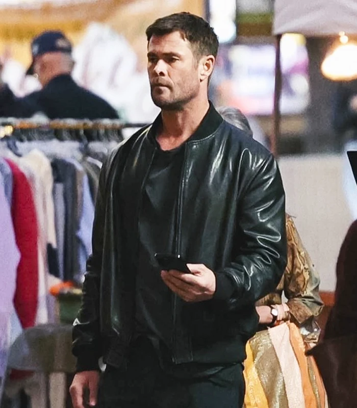 Chris Hemsworth Crime 101 Movie 2026 Davis Black Leather Bomber Jacket