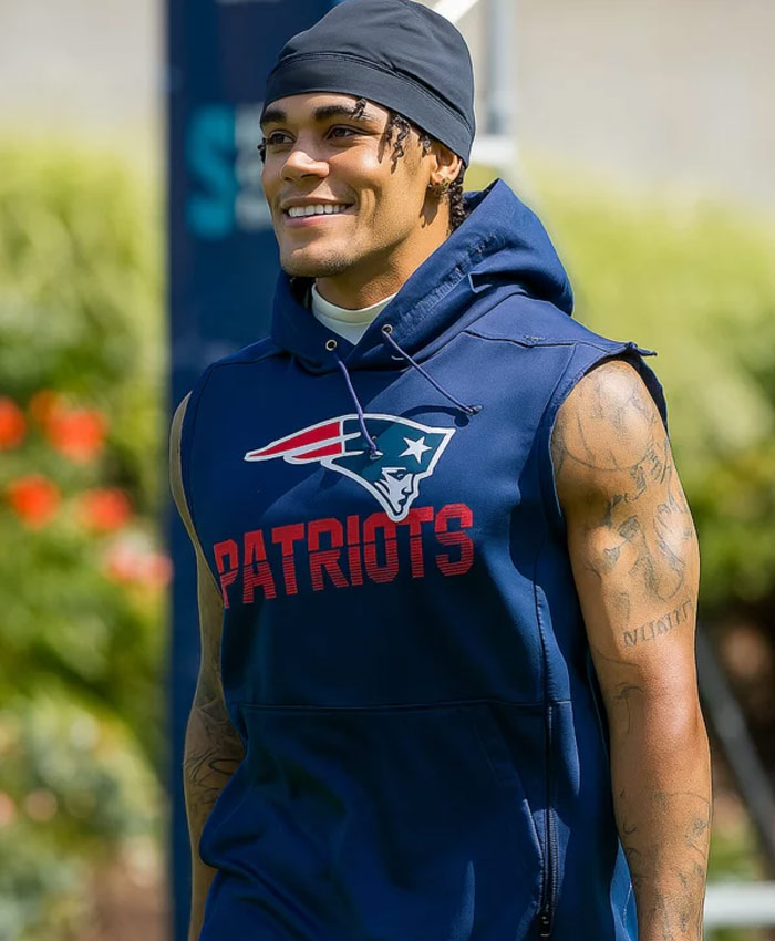 Christian Gonzalez Patriots 2025 Blue Sleeveless Hoodie