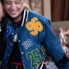 Electric Bloom Carmen B. Sanchez Blue Denim Varsity Jacket