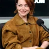 Emma Stone Bugonia Press Tour Brown Suede Jacket