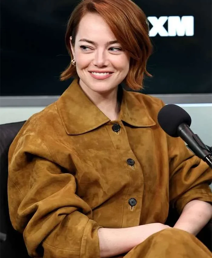 Emma Stone Bugonia Press Tour Brown Suede Jacket