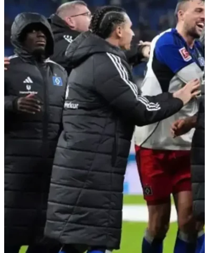 Footballer Rayan Philippe Bundesliga 2025 Black Puffer Hooded Long Jacket