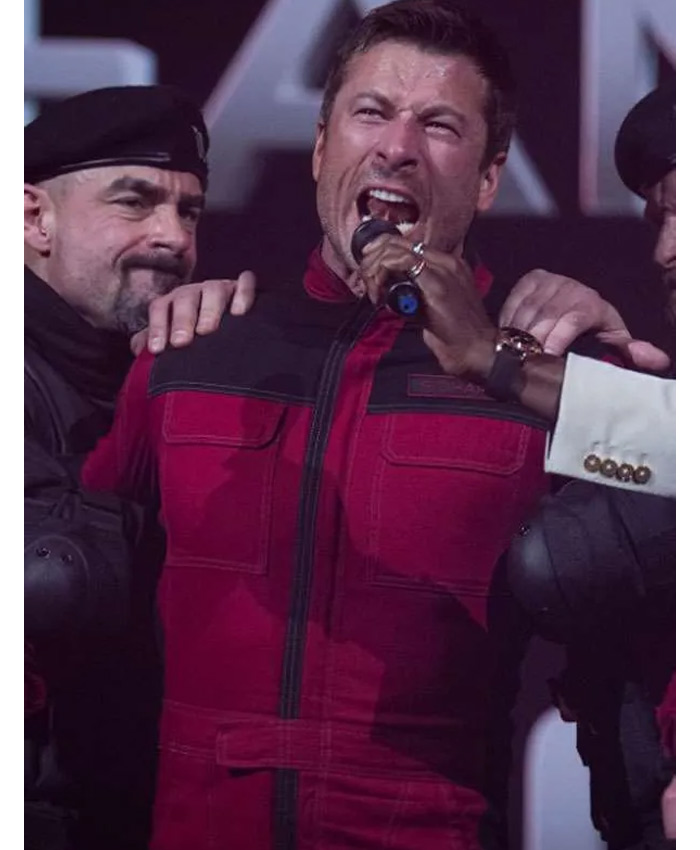 Glen Powell The Running Man Red and Black Cotton Jacket