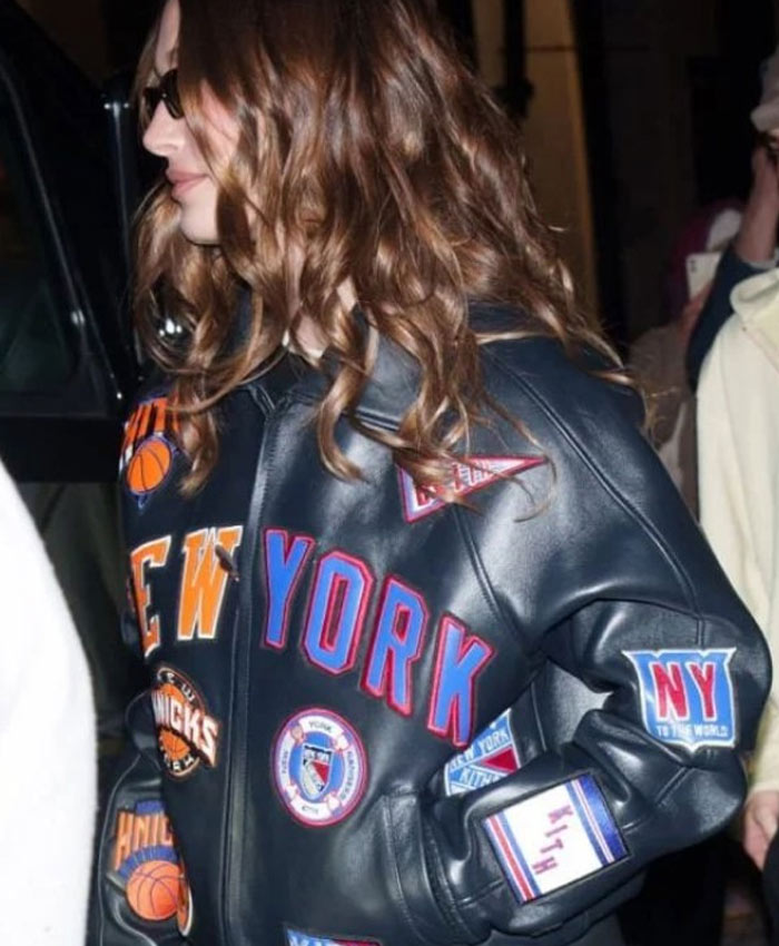 Hailey Bieber New York Knicks Black Leather Jacket