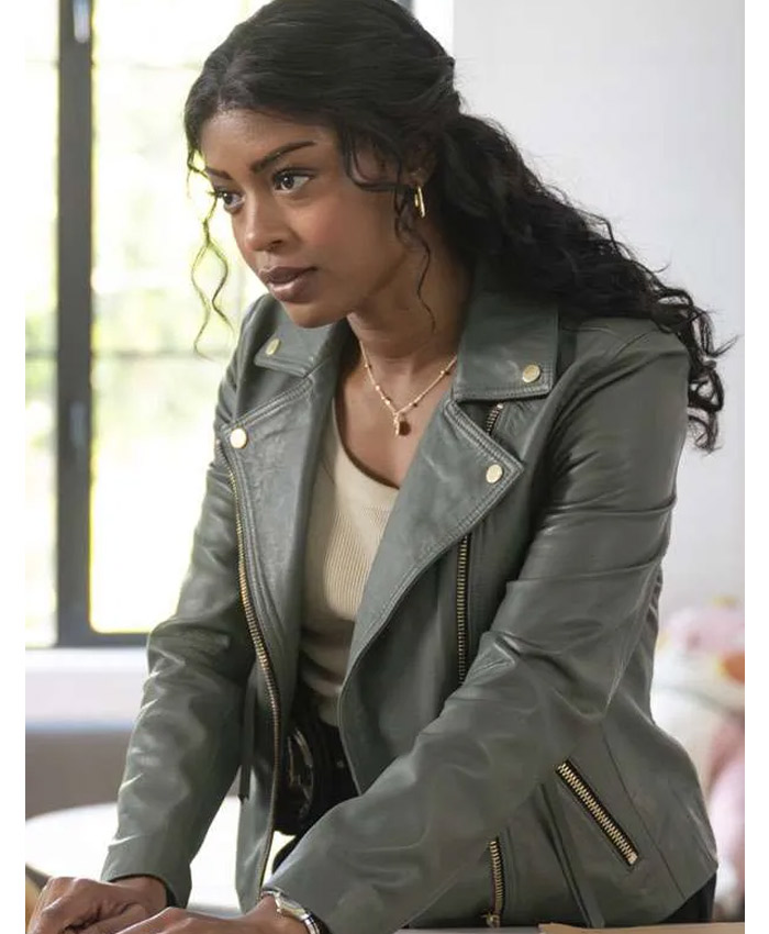 High Potential Daphne Forrester Green Leather Biker Jacket