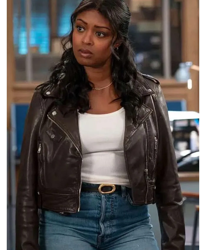 High Potential S02 Javicia Leslie Brown Leather Biker Jacket