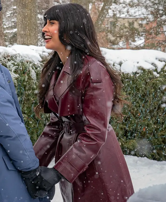 Jameela Jamil A Merry Little Ex-Mas Maroon Leather Coat