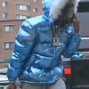 King Von Blue Fur Hooded Shiny Puffer Jacket