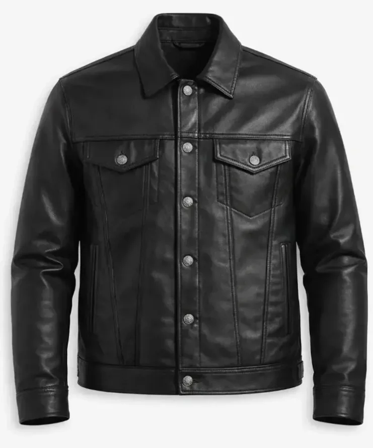 Men's Black Leather Trucker Jacket