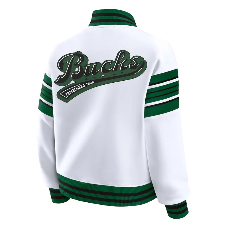 Milwaukee Bucks Snap Front White And Green Fleece stripe Jacket