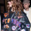 Model Hailey Bieber New York Knicks Black Leather Jacket
