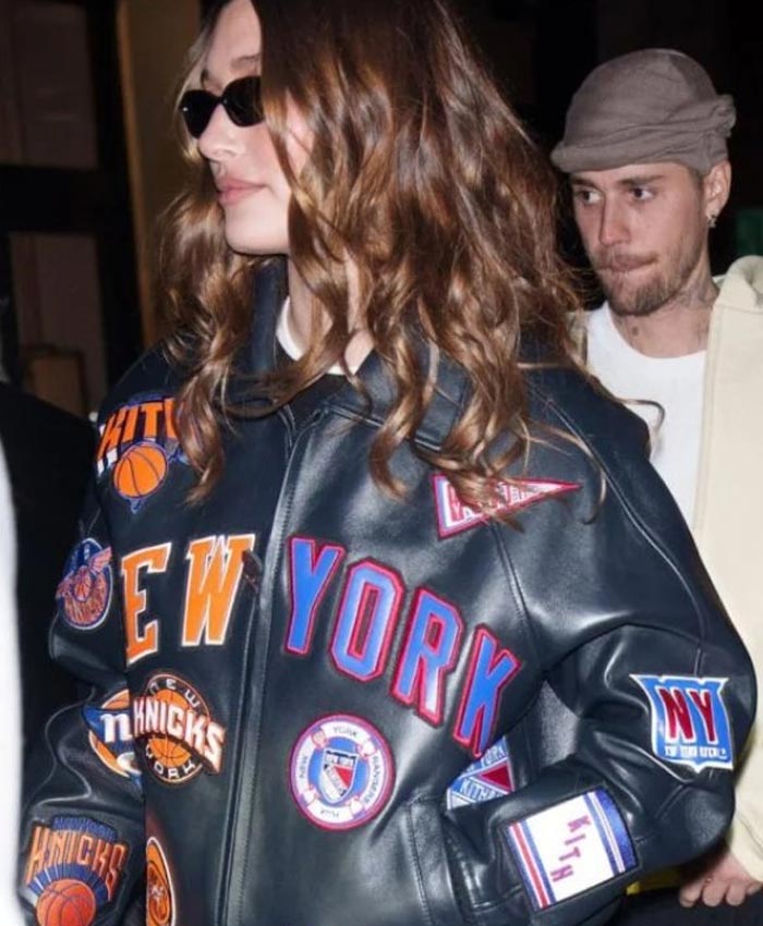 Model Hailey Bieber New York Knicks Black Leather Jacket