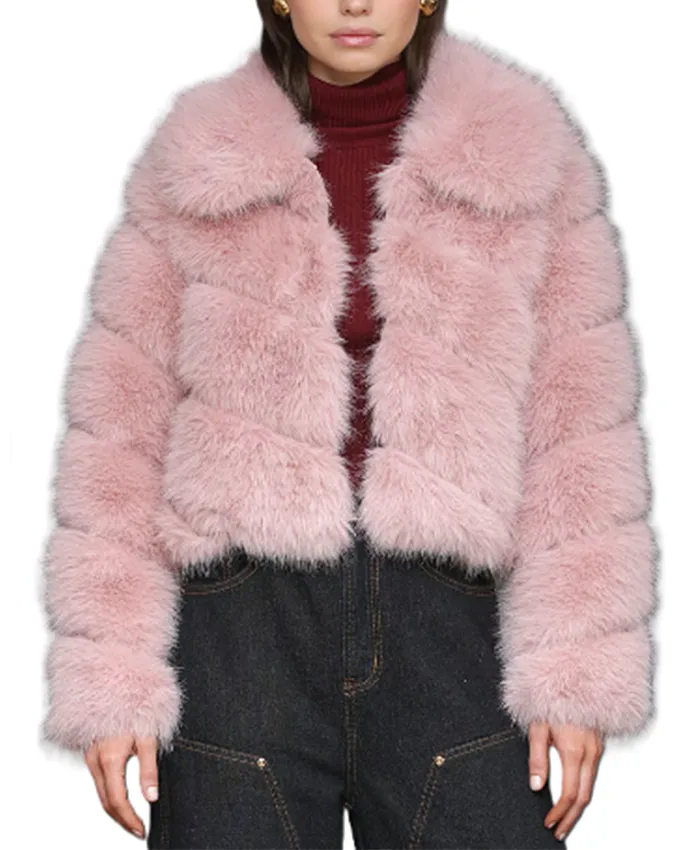 Morgan Gillory High Potential S02 Pink Fur Jacket For Sale