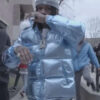 Rapper King Von Blue Fur Hooded Shiny Puffer Jacket