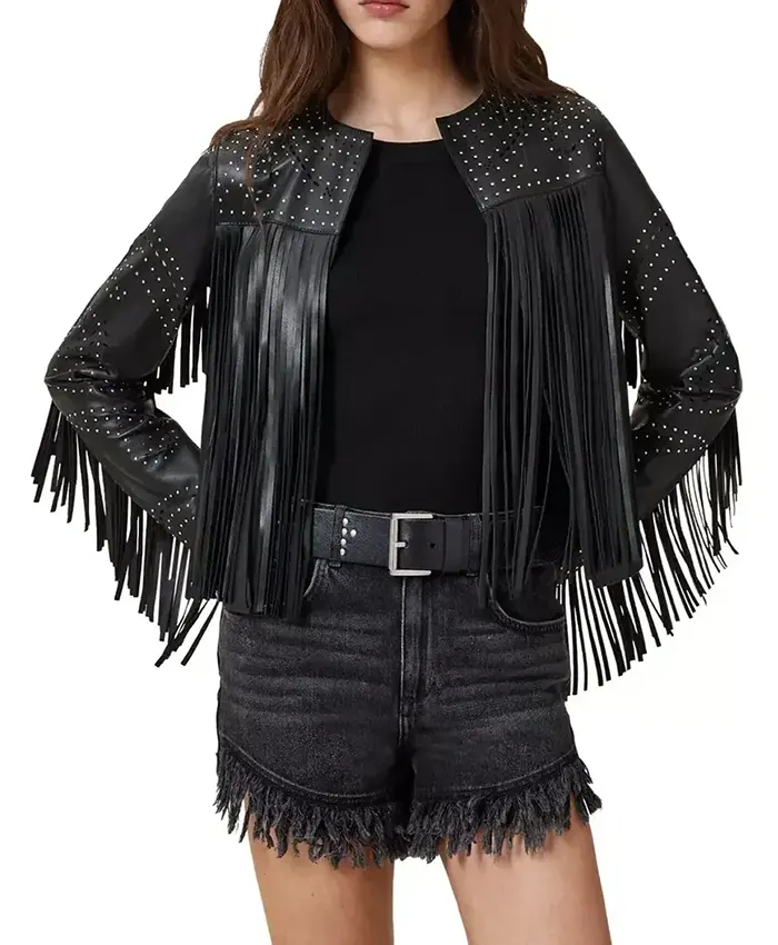 Reba McEntire The Voice S28 Embellished Fringed Leather Jacket For Sale