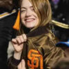 San Diego Padres v New York Yankees Emma Stone Brown Satin Bomber Jacket