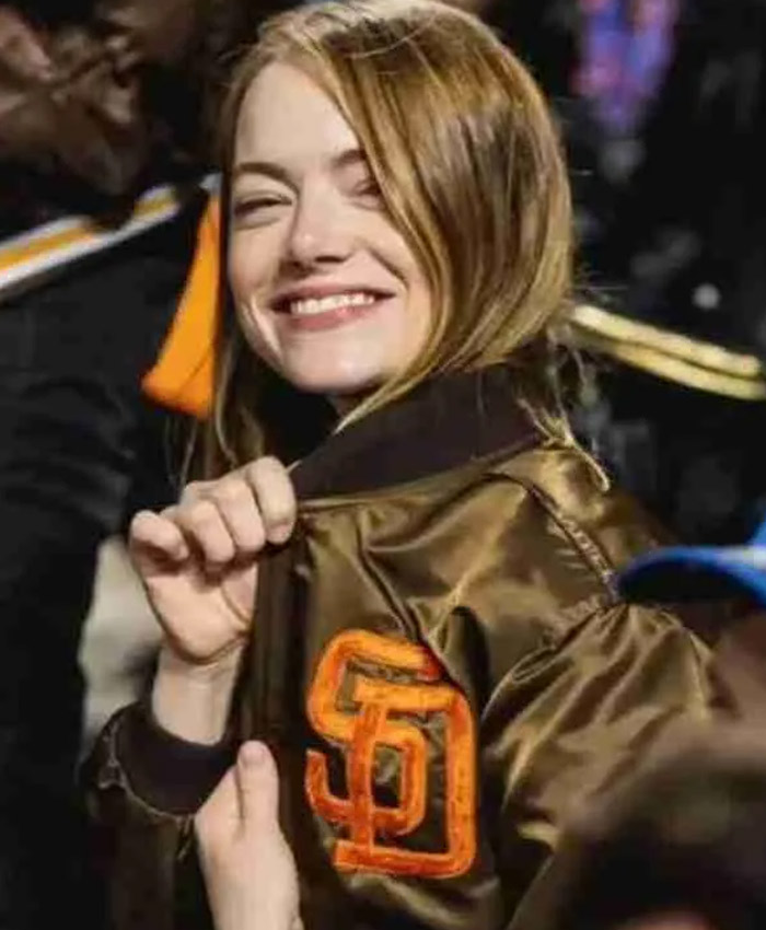 San Diego Padres v New York Yankees Emma Stone Brown Satin Bomber Jacket