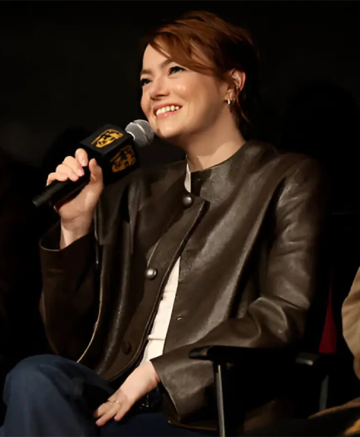 Shop Emma Stone Bugonia BAFTA Screening Black Leather Jacket