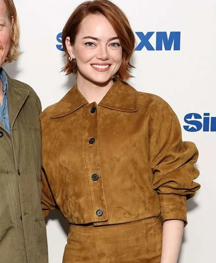 Shop Emma Stone Bugonia Press Tour Brown Suede Jacket