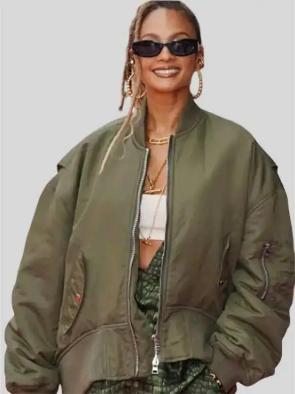 Singer and rapper Alesha Dixon Britain’s Got Talent Green Cotton Bomber Jacket