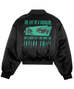 Taylor Swift The Life Of A Showgirl Black Satin Bomber Jacket