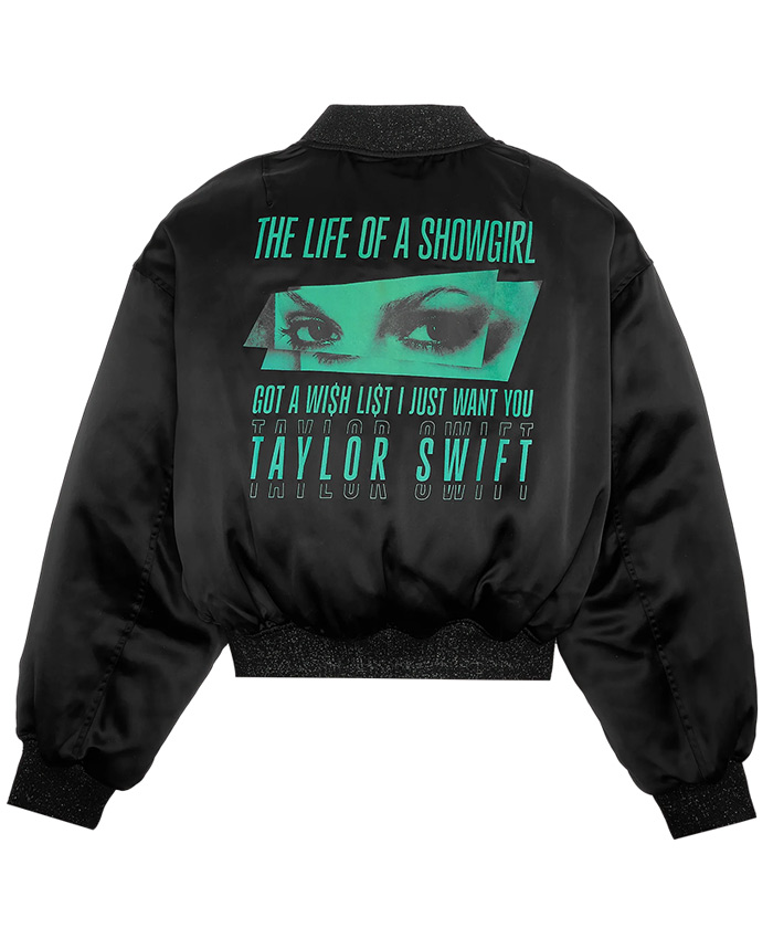 Taylor Swift The Life Of A Showgirl Black Satin Bomber Jacket