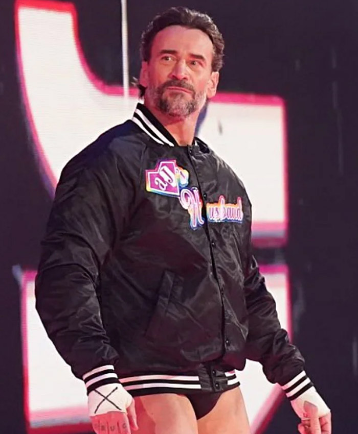 WWE 2025 CM Punk AJ’s Husband Black Satin Jacket