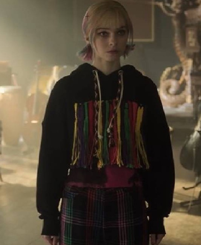 Wednesday Series S02 Emma Myers Black Cropped Fringe Embroidered Hoodie