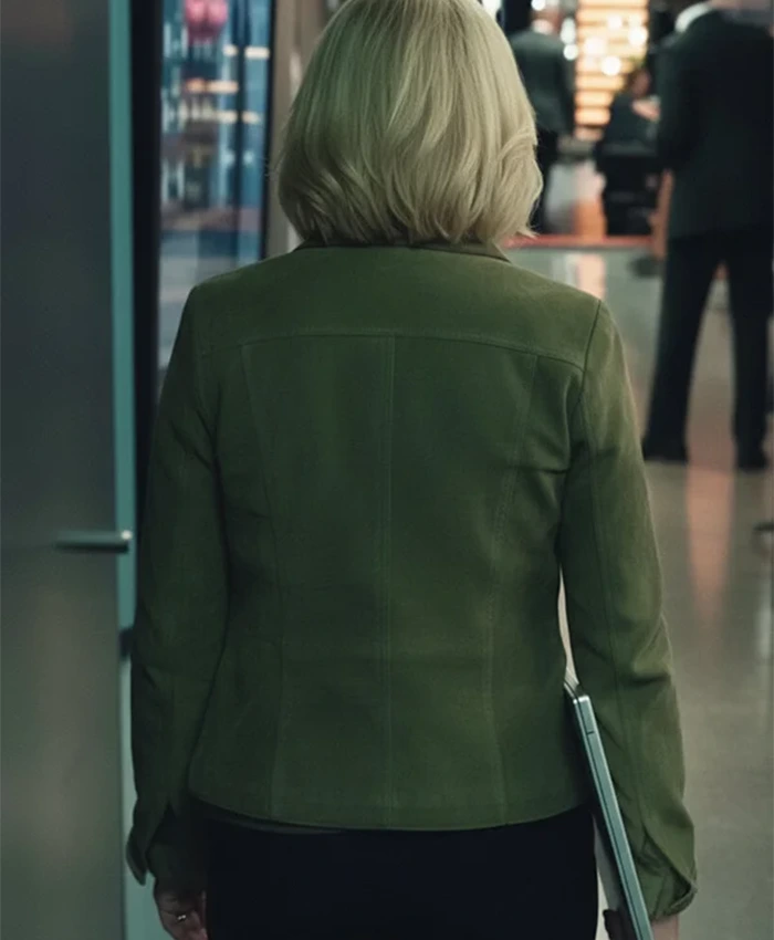 Amy Sedaris Elsbeth S03 Green Suede Leather Jacket For Sale