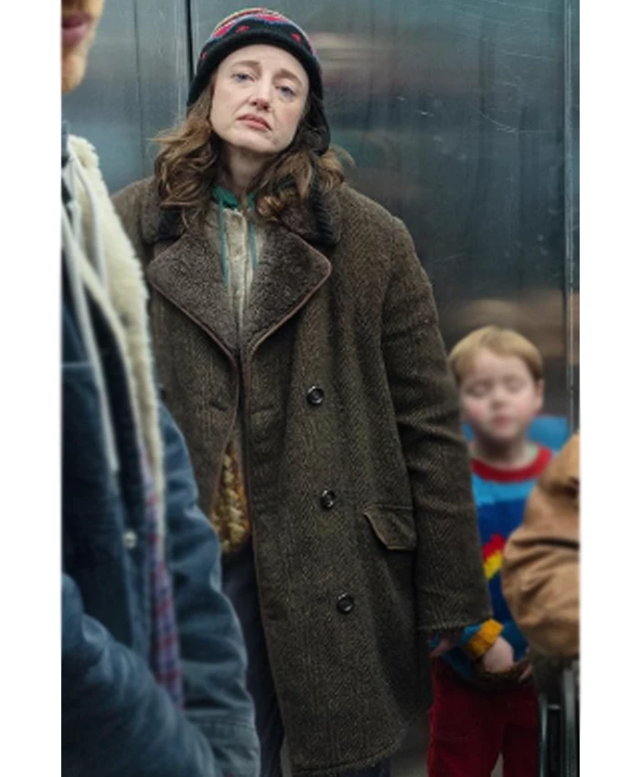 Andrea Riseborough Goodbye June Brown Shearling Coat