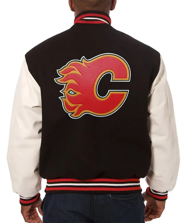 Calgary Flames Black and White Full-Snap Wool Varsity Jacket