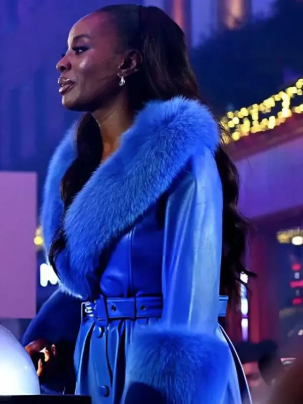 Carnaby Christmas Lights Switch-On 2025 AJ Odudu Belted Blue Leather Coat with Trim Fur
