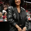 Crystal Renee Hayslett NBA 2025 Black Leather Trucker Jacket With Silver Snap Hardware and Ruched Shoulders