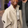 Cynthia Erivo Access Hollywood 2025 Beige Leather Jacket For Sale