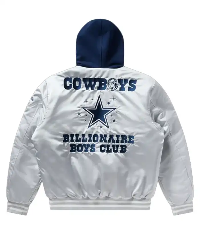 Dallas Cowboys x Billionaire Boys Club 2025 Silver Starter Satin Varsity Hooded Jacket for Men and Women