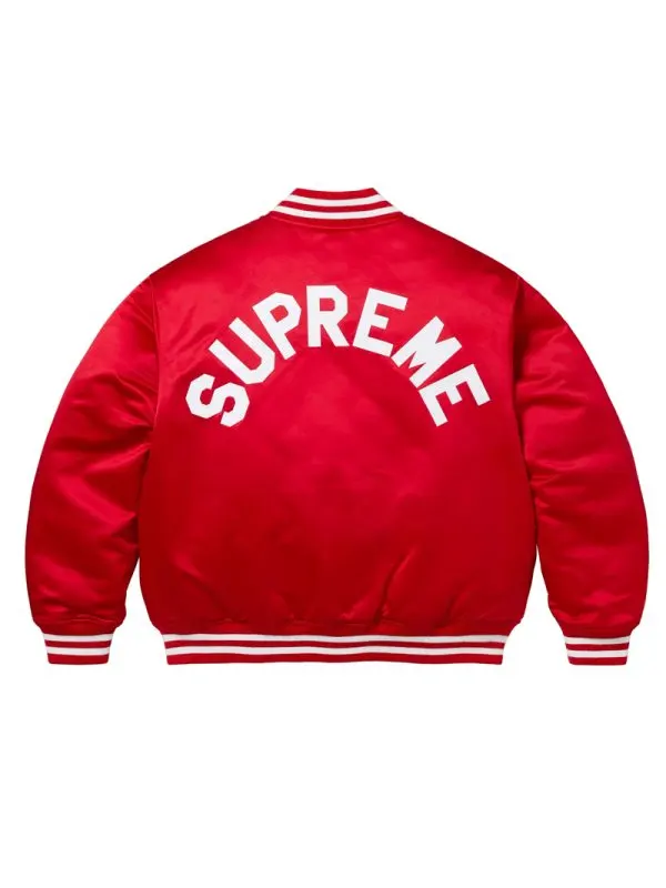 Embroidered Supreme Full-Snap Varsity Satin Red Jacket