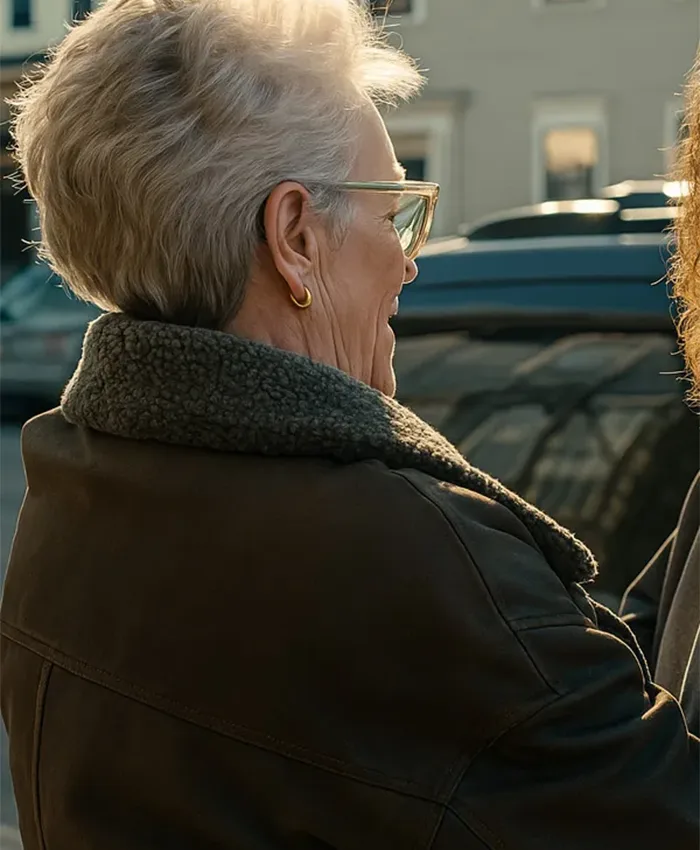 Jamie Lee Curtis Ella McCay Brown Shearling Coat For Sale