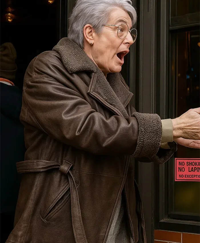 Jamie Lee Curtis Ella McCay Brown Shearling Coat