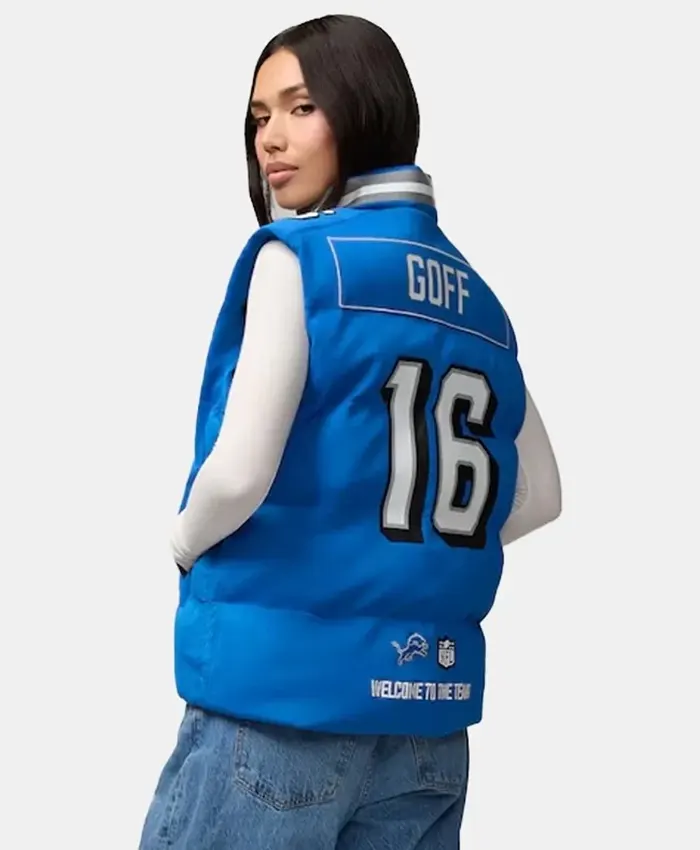 Jared Goff Detroit Lions Off Season Player Blue Puffer Vest For Sale