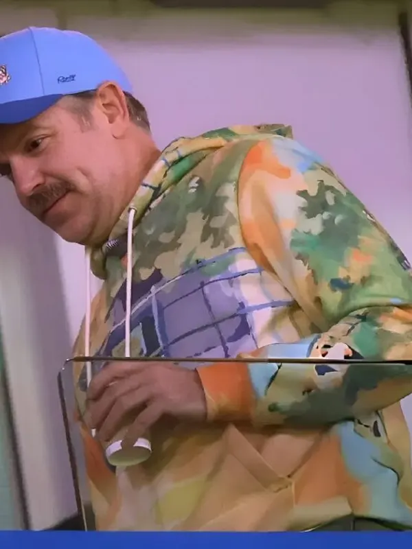 Jason Sudeikis Chelsea FC vs AFC Ajax Vibrant Yellow, Orange, and Green Print Tie-Dye Abstract Grid Pullover Hoodie