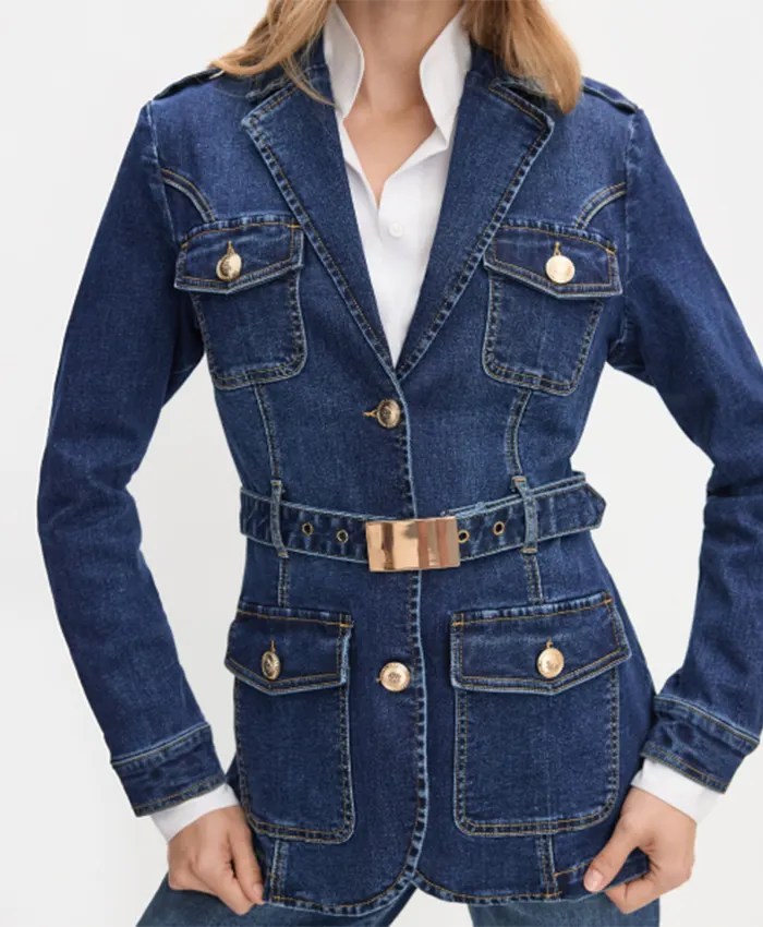 Jessica Steen Heartland S19 Denim Belted Blazer For Sale