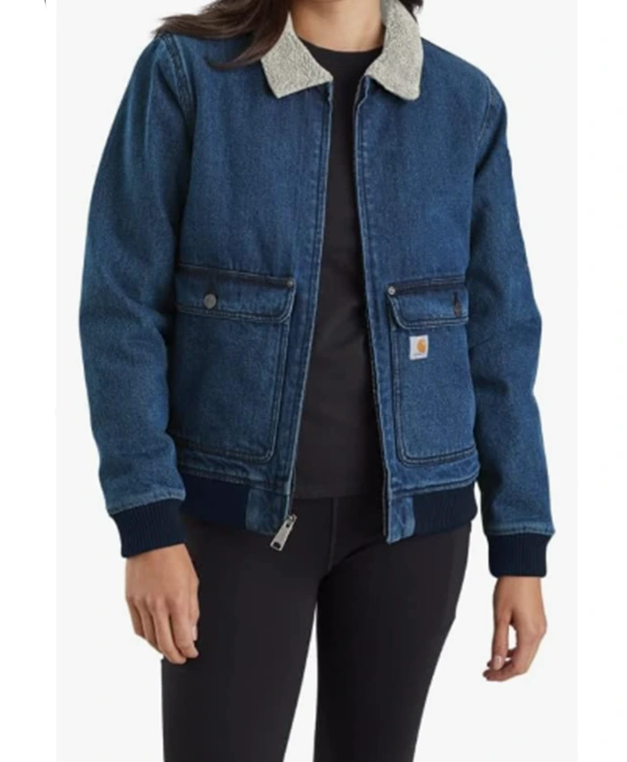 Lyla Novak Chicago Fire S14 Denim Bomber Jacket For Sale