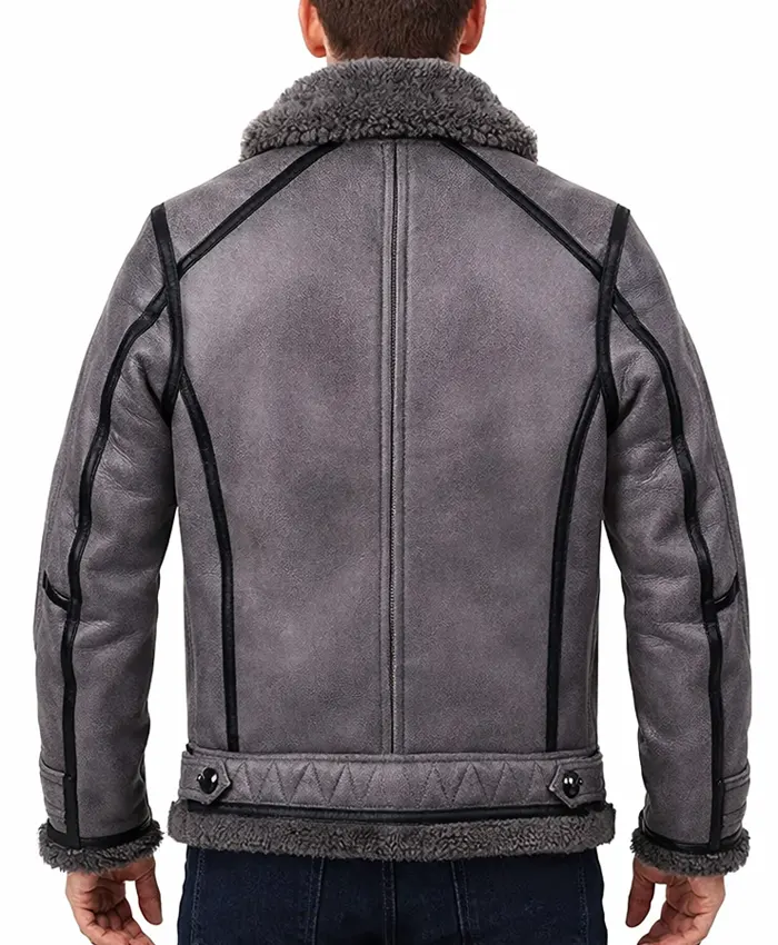 Mens Aviator B3 Sheepskin Grey Shearling Bomber Leather Jacket