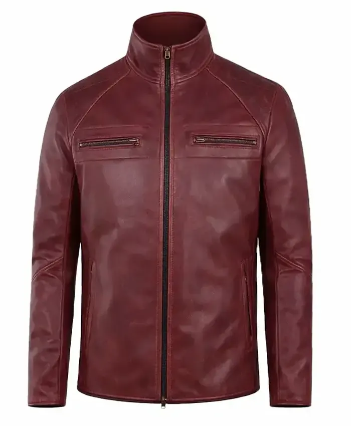 Mens Burgundy Biker Leather Jacket