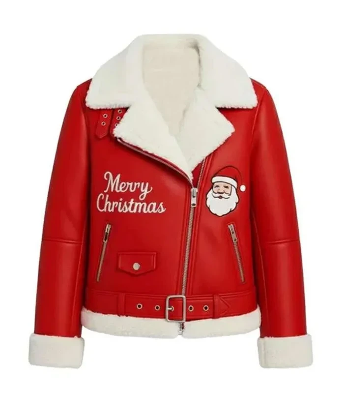 Merry Christmas Red Shearling Leather Jacket