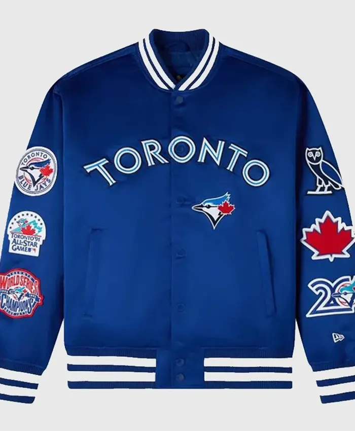 OVO x New Era x MLB Toronto Blue Varsity Jacket Front