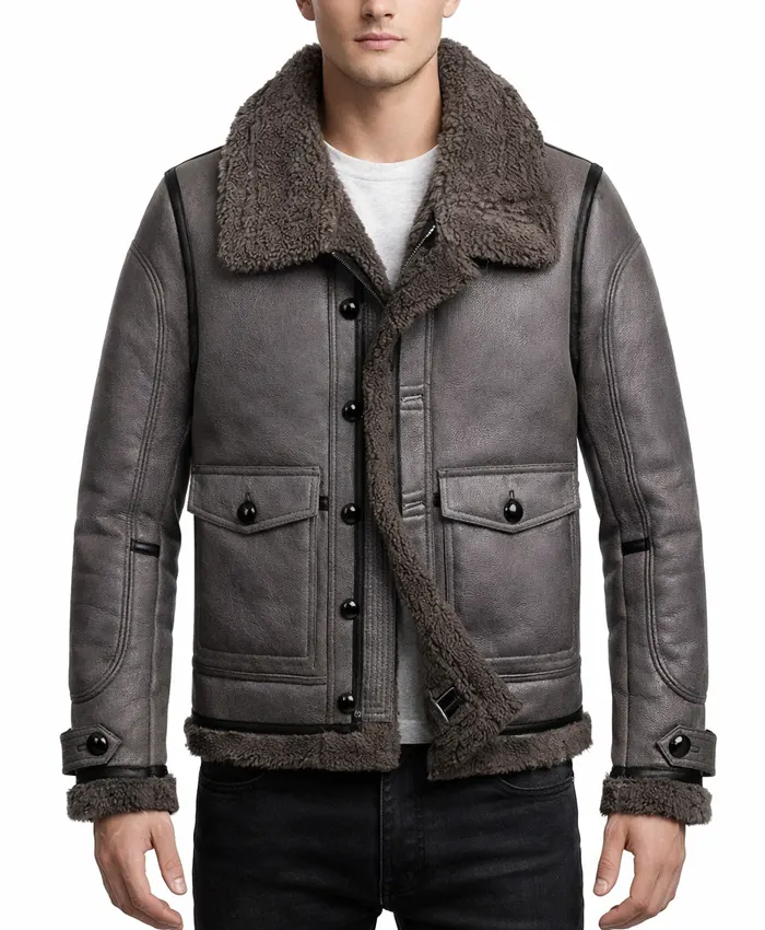 Stylish Grey Sheepskin Aviator Shearling Leather Jacket