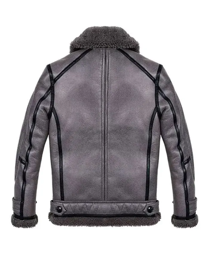 Stylish Grey Sheepskin Aviator Shearling Leather Jacket For Sale