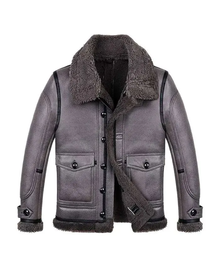 Stylish Grey Sheepskin Aviator Shearling Leather Jacket